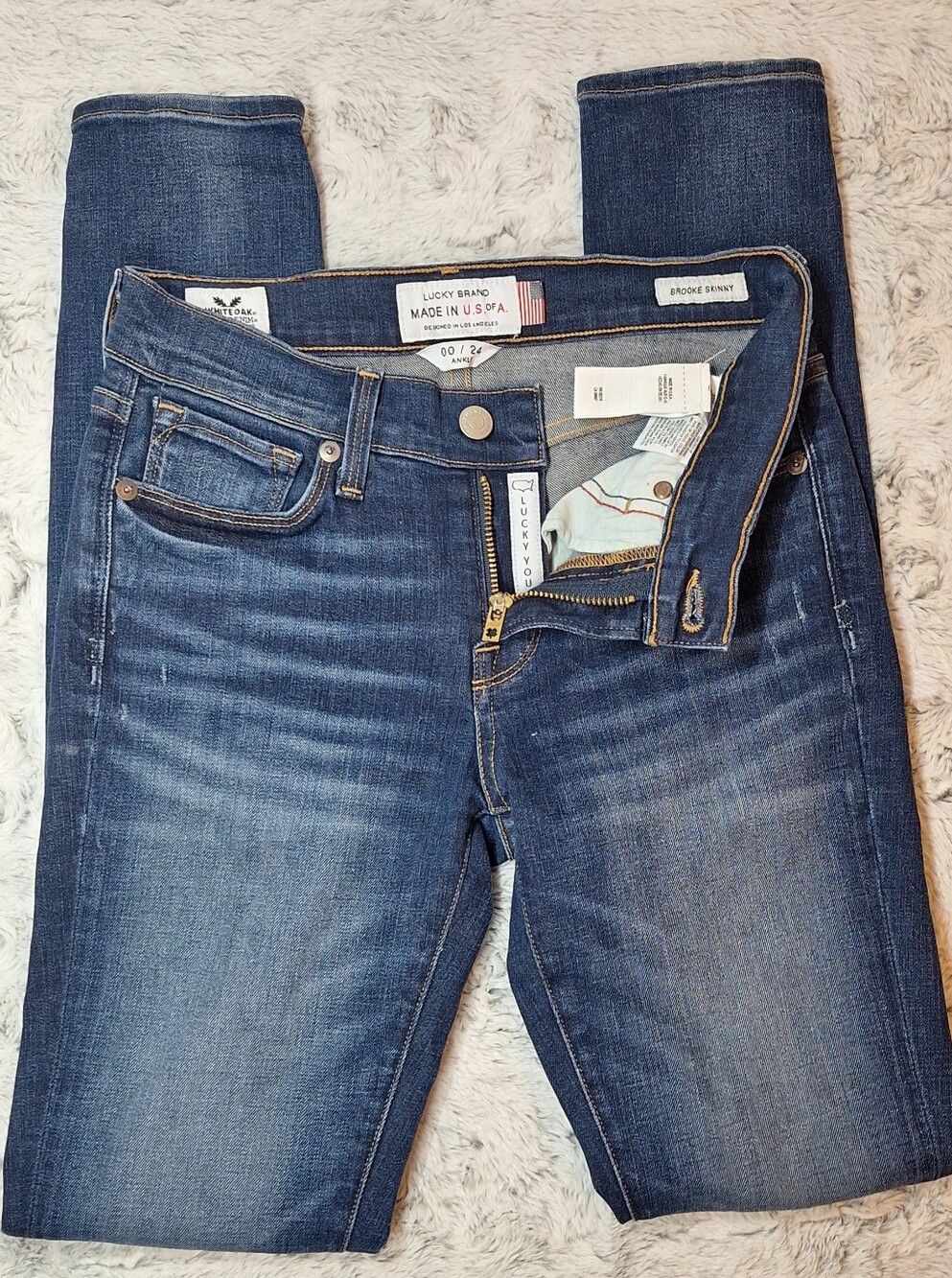 Lucky Brand Brooke Skinny Jeans White Oak Cone Denim Made in USA Sz 00/24 Ankle